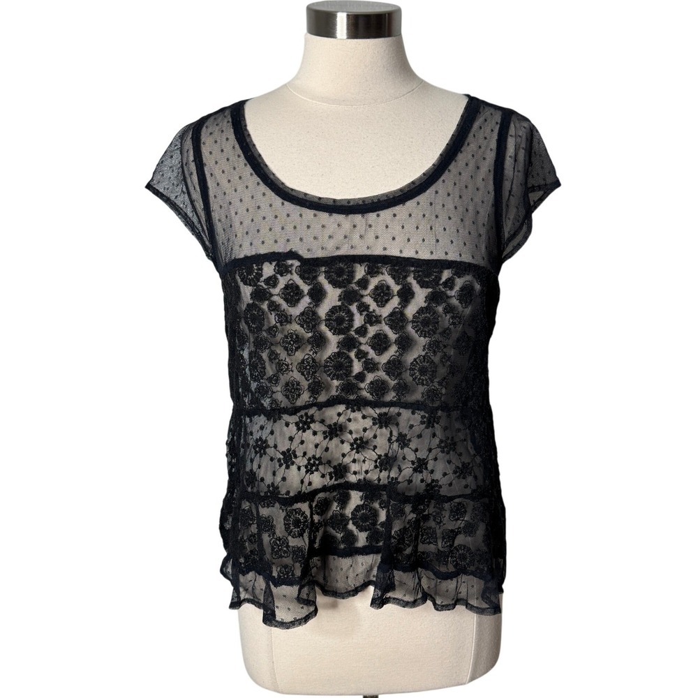 Vintage Y2K American Eagle Black Mesh Floral Lace Sheer Whimsygoth Top Sz Medium